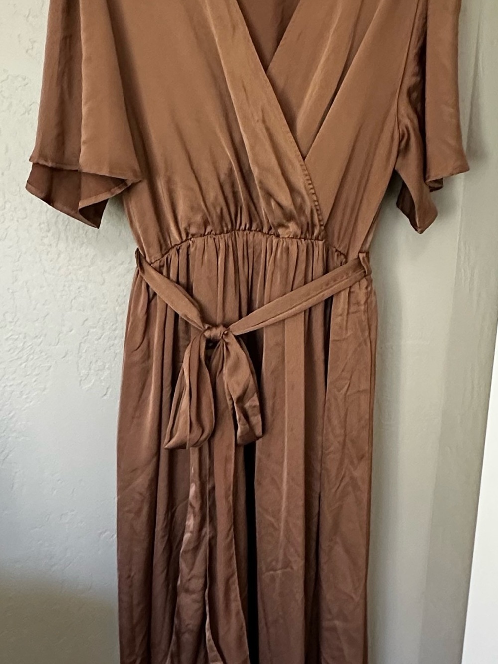 Baltic Born Satin Wrap Maxi Dress in Camel Brown with Tie Waist